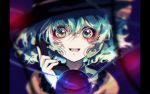  1girl aqua_hair arm_up bags_under_eyes black_headwear blurry blurry_background blurry_foreground commentary_request depth_of_field frilled_shirt_collar frills green_eyes hair_between_eyes hat horror_(theme) komeiji_koishi looking_at_viewer open_mouth phone pillarboxed sanamisa shirt short_hair solo standing surreal third_eye touhou upper_body upper_teeth yellow_shirt 