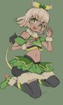  :3 bare_shoulders black_legwear blonde_hair bow crop_top eyebrows_visible_through_hair fang frilled_bow frills full_body green_background green_eyes green_footwear green_theme hair_bow hand_up high_heels highres jumping looking_at_viewer midriff navel nijitama_shiyushiyu pretty_(series) pripara puffy_short_sleeves puffy_sleeves shoes short_hair short_sleeves shoulder_cutout simple_background smile stomach tail taiyou_pepper thigh-highs wristband 