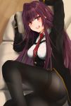  1girl absurdres bedroom black_gloves black_legwear blush couch girls_frontline gloves hand_on_headwear highres long_hair looking_at_viewer necktie open_mouth pantyhose pillow pillow_hug purple_hair red_eyes shirt solo umber00 upper_teeth wa2000_(girls_frontline) white_shirt 