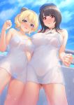  2girls ascot bangs bare_arms bare_shoulders beret bikini black_bikini black_hair black_headwear blonde_hair blue_bikini blue_eyes blue_headwear blue_sky blunt_bangs blush braid breasts collarbone colorado_(kantai_collection) day eyebrows_visible_through_hair from_below hat highleg highleg_bikini kantai_collection large_breasts long_hair looking_at_viewer looking_down makamati medium_breasts mini_hat multiple_girls nose_blush open_mouth outdoors parted_lips red_eyes see-through short_hair side-tie_bikini sky string_bikini swimsuit takao_(kantai_collection) towel under_boob white_neckwear 