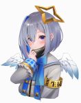  1girl amane_kanata angel_wings armband blue_ribbon blush commentary_request hair_between_eyes hair_ornament higashigure highres hololive looking_at_viewer portrait ribbon school_uniform short_hair silver_hair solo violet_eyes virtual_youtuber white_background wings 