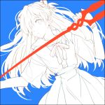  0930erina 1girl bangs blue_background blue_eyes hair_ornament hair_over_one_eye hairclip holding holding_spear holding_weapon long_hair looking_at_viewer lowres neck_ribbon neon_genesis_evangelion polearm ribbon shirt short_sleeves skirt solo spear watch watch weapon 