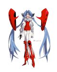  1girl armor blue_hair breastplate closed_mouth dated earrings floating gloves high_heels highres jewelry long_arms long_fingers long_hair naji_yanagida original red_footwear signature simple_background solo twintails vambraces very_long_hair white_background white_gloves yellow_eyes 