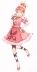  1girl aqua_eyes armlet ballet_slippers barasui blush bracelet dress earrings hair_bun hand_on_hip highres honey_(ring_fit_adventure) jewelry leg_ribbon leg_up one_eye_closed pink_dress pink_hair ribbon ring_fit_adventure short_hair sketch sleeveless sleeveless_dress solo white_background 