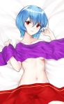  1girl ayanami_rei bangs bare_shoulders blue_hair blush breasts collarbone commentary_request dingding_tu eyebrows_visible_through_hair hair_between_eyes highres holding holding_hair looking_at_viewer lying medium_breasts navel neon_genesis_evangelion on_back parted_lips red_eyes short_hair solo under_boob 