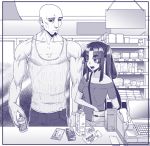  1boy 1girl asymmetrical_hair bag bald bare_shoulders black_sclera breasts casual collarbone eyebrows_visible_through_hair facial_hair fate/grand_order fate_(series) goatee hair_rings handbag height_difference monochrome musashibo_benkei_(fate/grand_order) muscle off-shoulder_shirt off_shoulder open_mouth rokkotsu shirt shop shopping small_breasts tank_top thick_eyebrows twintails ushiwakamaru_(fate/grand_order) veins 