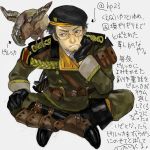  1boy animal_on_shoulder bird bird_on_shoulder black_gloves black_hair chin_rest drawr facial_hair glasses gloves hat indian_style military military_uniform nishihara_isao original semi-rimless_eyewear short_hair sitting translation_request under-rim_eyewear uniform 