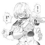  1girl bacius blush breast_grab breasts gloves grabbing greyscale hair_ornament hair_over_one_eye hairclip hamakaze_(kantai_collection) highres kantai_collection large_breasts medium_hair monochrome neckerchief sailor_collar school_uniform serafuku sweatdrop translation_request upper_body 