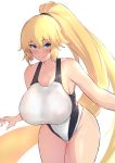  1girl absurdres bangs blonde_hair blue_eyes blush breasts closed_mouth collarbone fate/grand_order fate_(series) highleg highleg_swimsuit highres huge_breasts jeanne_d&#039;arc_(fate)_(all) jeanne_d&#039;arc_(swimsuit_archer) leaning_forward long_hair mon_(manarestra) one-piece_swimsuit ponytail simple_background smile swimsuit thighs very_long_hair white_background white_swimsuit 