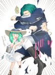  1boy 1girl alternate_costume boots brother_and_sister bucket dress fire_emblem fire_emblem:_three_houses fish flayn_(fire_emblem) green_eyes green_hair hair_ornament hat long_hair long_sleeves open_mouth robaco seteth_(fire_emblem) short_hair siblings simple_background sleeveless sleeveless_dress straw_hat torn_clothes white_dress 