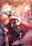  1boy 1girl armor blissuro blonde_hair cape chainmail cover cover_page fantasy gloves kneeling original pink_hair red_cape red_eyes sword violet_eyes watermark weapon web_address white_gloves 