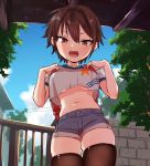  1girl backpack bag black_legwear blush breasts brown_eyes brown_hair coffee-milk-moumou highres looking_at_viewer navel oppai_loli original randoseru short_hair shorts skindentation solo teeth thigh-highs tongue under_boob 