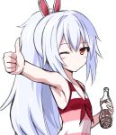  1girl animal_ears azur_lane bangs bare_arms blue_hair blush bottle brown_eyes closed_mouth cola dot_nose eyebrows_visible_through_hair fake_animal_ears holding holding_bottle laffey_(azur_lane) long_hair looking_at_viewer one_eye_closed ponytail rabbit_ears simple_background sleeveless solo striped striped_swimsuit swimsuit thumbs_up tokisaka_ena upper_body white_background 