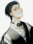  1boy absurdres albino_(a1b1n0623) bangs black_hair black_suit bow bowtie fate/grand_order fate_(series) formal green_eyes hair_slicked_back highres huge_filesize long_sleeves looking_at_viewer magnifying_glass male_focus open_mouth parted_bangs sherlock_holmes_(fate/grand_order) shiny shiny_hair shirt solo undressing upper_body white_background white_shirt 