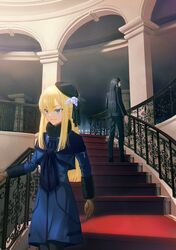  1boy 1girl bangs black_hair black_headwear blonde_hair blue_eyes blue_jacket breasts brown_gloves fate_(series) flower formal gloves highres jacket k_harris long_hair long_sleeves looking_at_viewer lord_el-melloi_ii lord_el-melloi_ii_case_files reines_el-melloi_archisorte rose small_breasts smile suit tilted_headwear waver_velvet white_flower white_rose 