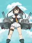  1girl akizuki_(kantai_collection) alternate_costume annin_musou black_hair black_headband black_sailor_collar blush chou-10cm-hou-chan clothes_writing clouds cloudy_sky day feet_out_of_frame grey_eyes hachimaki headband highres kantai_collection kneehighs long_hair neckerchief pleated_skirt ponytail sailor_collar school_uniform serafuku short_sleeves skirt sky solo white_legwear white_skirt yellow_neckwear 