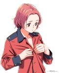  1girl brown_eyes buttoning character_request closed_mouth dated dressing girls_und_panzer horikou jacket long_sleeves pink_hair red_jacket short_hair signature simple_background solo upper_body white_background 