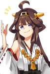  1girl ahoge brown_hair detached_sleeves double_bun hairband headgear highres japanese_clothes kantai_collection katsuobushi_(eba_games) kongou_(kantai_collection) long_hair looking_at_viewer ribbon-trimmed_sleeves ribbon_trim simple_background solo upper_body violet_eyes white_background 