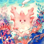  :d black_eyes commentary coral coral_reef corsola english_commentary full_body gen_2_pokemon limestone no_nose ocean open_mouth pokemon pokemon_(game) smile solid_oval_eyes traditional_media underwater watercolor_(medium) yi-wen_leow_(starstray) 