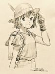  1girl backpack bag closed_mouth cowboy_shot dated gloves greyscale hand_up hat hat_feather highres horikou kaban_(kemono_friends) kemono_friends looking_at_viewer monochrome scan shirt shorts signature smile solo 