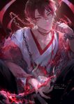  1boy artist_name callarinc chain closed_mouth collarbone commentary_request earrings hair_between_eyes highres holding japanese_clothes jewelry kimono long_fingers long_sleeves looking_at_viewer male_focus onmyoji pointy_ears red_eyes red_theme short_hair slit_pupils smile solo upper_body white_kimono 
