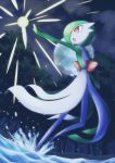  brown_eyes clouds commentary_request gardevoir gen_3_pokemon hatoro_kuroyoshi highres moon night no_humans open_mouth outdoors outstretched_arm pokemon pokemon_(creature) sky solo splashing tree water 