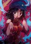  1girl absurdres bangs black_hair black_skirt blue_headwear breasts chinese_clothes fang glowing glowing_eyes hat highres jiangshi kaamin_(mariarose753) miyako_yoshika ofuda open_mouth outstretched_arms red_background short_hair skirt solo star_(symbol) touhou zombie_pose 