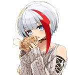  1girl admiral_graf_spee_(azur_lane) admiral_graf_spee_(daily_peaceful_life)_(azur_lane) aran_sweater azur_lane black_choker blue_eyes choker food grey_hair grey_sweater hands_up holding holding_food looking_at_viewer mota multicolored_hair open_mouth redhead short_hair shoulder_cutout simple_background sleeves_past_wrists solo steam streaked_hair sweater taiyaki two-tone_hair upper_body wagashi white_background 