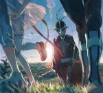  1girl 3boys boots cape drawr grass judas_(tales) kyle_dunamis lens_flare loni_dunamis mask multiple_boys nature nishihara_isao out_of_frame outdoors pants reala scenery see-through_silhouette short_hair sun sword tales_of_(series) tales_of_destiny_2 thigh-highs weapon wind wind_lift 