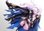  1girl armor black_hairband blue_cape cape closed_mouth corrin_(fire_emblem) corrin_(fire_emblem)_(female) fire_emblem fire_emblem_fates full_body hairband high_heels long_hair pointy_ears red_eyes simple_background smile solo tombsakura twitter_username white_background white_hair 