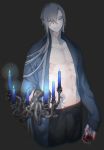  1boy bare_chest blood blood_from_mouth blue_fire candle candlestand closed_mouth cup fingernails fire grey_eyes grey_hair highres holding holding_cup long_hair male_focus muscle navel octopus original pants pointy_ears sleeves_past_wrists smile solo sweatpants tobacco_(tabakokobata) vampire 
