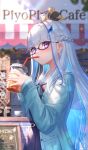  1girl aqua_neckwear bangs blue_hair blue_jacket blue_skirt blunt_bangs blush braid cafe casual commentary_request contemporary cup day disposable_cup drinking_straw drinking_straw_in_mouth eyebrows_visible_through_hair french_braid glasses glowing glowing_hair highlights highres jacket lize_helesta long_hair looking_at_viewer multicolored_hair neck_ribbon nekoneko_jun2_123 nijisanji outdoors pleated_skirt ribbon sailor_collar school_uniform serafuku sidelocks silver_hair skirt solo sunlight very_long_hair violet_eyes virtual_youtuber 