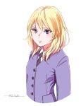  1girl blonde_hair character_request closed_mouth collared_shirt dated girls_und_panzer highres horikou jacket long_sleeves looking_at_viewer medium_hair necktie purple_jacket serious shirt signature simple_background solo striped striped_neckwear violet_eyes white_background white_shirt wing_collar 