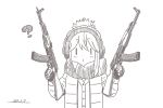  1girl ? ak-47 assault_rifle brown_theme character_request closed_mouth coat dual_wielding eyebrows_visible_through_hair gun holding holding_gun holding_weapon horikou long_sleeves looking_at_viewer monochrome o3o rifle scarf simple_background solo weapon white_background winter_clothes winter_coat yurucamp |_| 