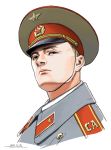  1boy blonde_hair blue_eyes closed_mouth dated grey_jacket hammer_and_sickle hat horikou jacket looking_at_viewer male_focus military_jacket original peaked_cap real_life red_star signature simple_background soldier solo soviet soviet_army white_background 
