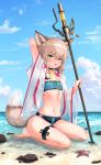  1girl absurdres ahoge animal_ears arknights arm_up bandeau bangs bare_legs barefoot beach bikini blue_sky blush clouds commentary day eyebrows_visible_through_hair fang fox_ears fox_tail green_eyes hair_between_eyes highres holding holding_staff jacket looking_at_viewer navel ocean open_clothes open_jacket open_mouth ore_lesion_(arknights) outdoors seiza short_hair silver_hair sitting sky solo staff starfish stomach sussurro_(arknights) swimsuit tail thigh_strap thighs timitarcat water white_jacket 