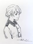  1girl braid braided_bun closed_mouth darjeeling_(girls_und_panzer) dated from_side girls_und_panzer greyscale hair_bun highres horikou jacket looking_at_viewer military military_uniform monochrome scan signature simple_background smile solo uniform white_background 