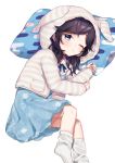  1girl aiba_uiha animal_ears animal_hood bangs black_hair blue_dress blue_eyes blush bunny_hood dress egasumi eyebrows_visible_through_hair fake_animal_ears hands_up hood hood_up hooded_jacket jacket long_hair long_sleeves looking_at_viewer lying mole mole_under_mouth nijisanji no_shoes on_side one_eye_closed parted_bangs parted_lips pillow print_dress rabbit_ears simple_background sleeves_past_wrists socks solo striped_jacket virtual_youtuber white_background white_legwear yamabukiiro 