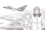  1boy 1girl aircraft airplane brown_theme character_request closed_eyes closed_mouth dated facing_viewer fighter_jet helmet horikou jet looking_at_viewer military military_uniform military_vehicle monochrome pilot_helmet real_life signature smile soldier soviet soviet_union uniform v yurucamp 