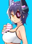  1girl bangs bikini blue_background breasts cup disposable_cup drinking_straw eyepatch hair_between_eyes headgear highres holding holding_cup kantai_collection katsuobushi_(eba_games) large_breasts looking_at_viewer purple_hair short_hair simple_background solo swimsuit tenryuu_(kantai_collection) upper_body white_bikini yellow_eyes 