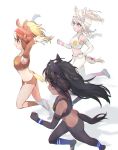  3girls \o/ animal_ear_fluff animal_ears armpits arms_up bare_shoulders black_gloves black_hair black_legwear black_sports_bra blonde_hair braid bridle brown_eyes brown_hair brown_sports_bra brown_thoroughbred_(kemono_friends) buruma chestnut_thoroughbred_(kemono_friends) commentary dark_skin detached_sleeves elbow_gloves eyebrows_visible_through_hair fingerless_gloves gloves grey_eyes highres horizontal_pupils horse_ears horse_girl horse_tail japari_symbol kemono_friends long_hair midriff multicolored_hair multiple_girls o-ring outstretched_arms pants pantyhose ponytail running simple_background smile socks sports_bra tail tail_braid tatsuno_newo twin_braids two-tone_hair white_background white_gloves white_hair white_pants white_sports_bra white_thoroughbred_(kemono_friends) wristband 