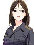  1girl blue_eyes breast_pocket brown_hair character_request collared_jacket dated girls_und_panzer grey_jacket hair_between_eyes horikou jacket looking_at_viewer nonna_(girls_und_panzer) parted_lips pocket signature simple_background solo upper_body white_background wing_collar 