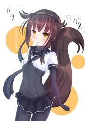  :o blush bodysuit brown_hair corset hachimaki hair_flaps hatsuzuki_(kantai_collection) headband highres kantai_collection kemonomimi_mode light_brown_eyes nakatsurugi_0828 neckerchief open_mouth puffy_short_sleeves puffy_sleeves short_ponytail short_sleeves sidelocks skirt tail 