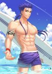 1boy abs arm_tattoo blue_hair blue_shorts clouds cowboy_shot cu_chulainn_(fate)_(all) earrings ed_(chyeon23) fate/stay_night fate_(series) grin hair_strand holding jewelry lancer long_hair looking_at_viewer male_focus male_swimwear necklace outdoors ponytail red_eyes shorts sky smile solo standing summer surfboard swim_trunks swimwear tattoo water whistle 