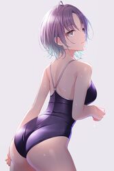  1girl ahoge asakura_tooru ass bangs bare_arms bare_shoulders black_swimsuit blue_eyes blue_hair blush breasts commentary_request competition_swimsuit cowboy_shot eyebrows_visible_through_hair from_behind gradient_hair idolmaster idolmaster_shiny_colors leaning_forward looking_at_viewer looking_back medium_breasts multicolored_hair one-piece_swimsuit parted_bangs parted_lips purple_hair short_hair sogdin solo swimsuit 