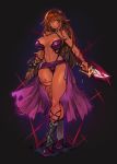  1girl arm_strap arm_tattoo armor ass_visible_through_thighs bikini_armor boots breasts brown_eyes brown_hair covered_nipples crossed_legs dark_skin full_body gauntlets greaves gurimjang highleg highres holding holding_sword holding_weapon large_breasts leg_tattoo lips long_hair looking_at_viewer navel original purple_footwear revealing_clothes short_sword showgirl_skirt single_gauntlet solo standing sword tattoo thigh_gap toned warrior weapon 