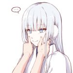  ... 1girl blue_eyes commentary_request earmuffs eyebrows_visible_through_hair forced_smile hands_on_another&#039;s_face japanese_clothes kimono long_hair original silver_hair simple_background speech_bubble sweatdrop upper_body white_background yagi_(ningen) yuki_onna yukimi_(yagi) 