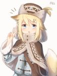 1girl :o animal_ear_fluff animal_ears bangs blonde_hair blue_eyes blue_jacket blush brown_capelet brown_headwear capelet coreytaiyo dated eyebrows_visible_through_hair fur-trimmed_capelet fur-trimmed_sleeves fur_hat fur_trim grey_background hair_between_eyes hair_ornament hairclip hand_up hat highres jacket long_sleeves looking_at_viewer open_mouth original signature solo tail tail_raised upper_body v v-shaped_eyebrows 