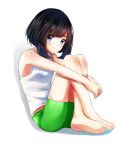  1girl ashujou barefoot black_hair blue_eyes breasts closed_mouth full_body green_shorts highres leg_hug mizuki_(pokemon) pokemon pokemon_(game) pokemon_sm shiny shiny_hair shirt short_hair short_shorts shorts simple_background sitting sleeveless sleeveless_shirt small_breasts soles solo white_background white_shirt 