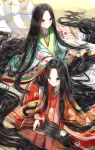  2girls :o absurdly_long_hair absurdres bangs black_hair blue_eyes blush brown_eyes closed_mouth commentary_request eyebrows_visible_through_hair green_kimono highres huge_filesize japanese_clothes kimono long_hair long_sleeves multiple_girls original parted_bangs parted_lips pentagon_(railgun_ky1206) red_kimono sitting sleeves_past_wrists smile very_long_hair wide_sleeves 